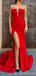Red Mermaid Sweetheart V-neck High Slit Cheap Long Prom Dresses,12855
