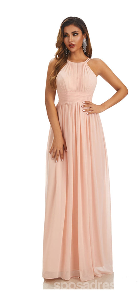 Simple Pink A-line Halter Cheap Chiffon Long Bridesmaid Dresses,WG1607