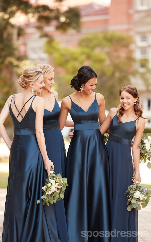 Navy Blue A-line Spaghetti Straps V-neck Cheap Long Bridesmaid Dresses Online,WG1217
