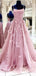 Floral A-line Pink Spaghetti Straps Backless Cheap Long Prom Dresses,12841