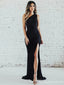 Simple Black Mermaid One Shoulder High Slit Cheap Long Prom Dresses,12843