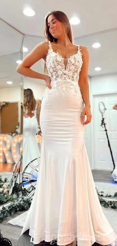 Simple White Mermaid V-neck Cheap Long Prom Dresses Online,12814