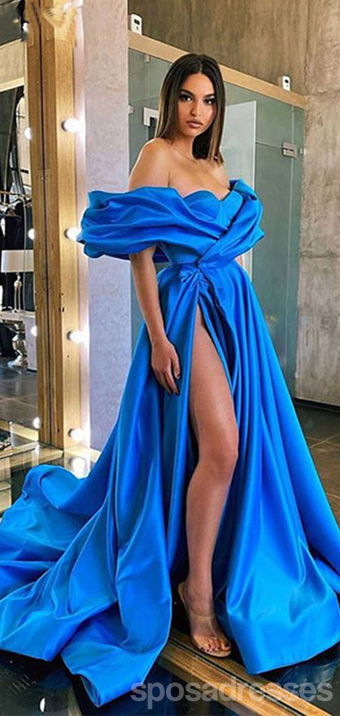 Blue A-line Off Shoulder High Slit Long Prom Dresses Online, Dance Dresses,12622