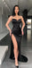 Black Sheath Spaghetti Straps High Slit Cheap Long Prom Dresses Online,12882