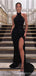 Sexy Black Mermaid Halter High Slit Cheap Long Prom Dresses,12825