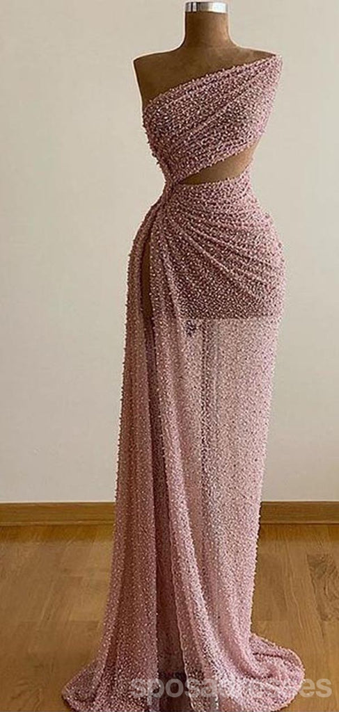 Unique Pink Sheath High Slit One Shoulder Maxi Long Prom Dresses,Evening Dresses,13217