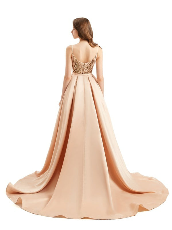 Champagne Mermaid Spaghetti Straps V-neck Long Prom Dresses Online,12778