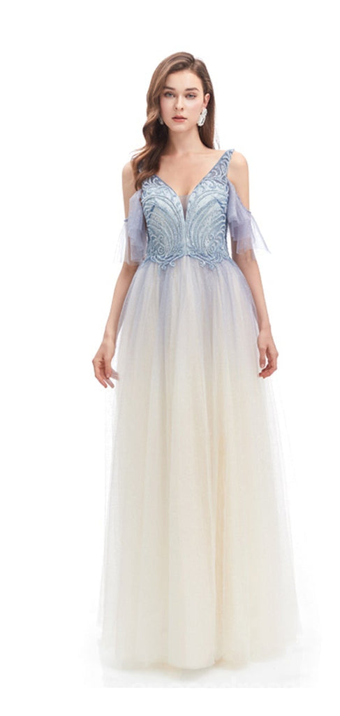 Elegant A-line Off Shoulder V-neck Long Prom Dresses Online, Dance Dresses,12799