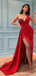 Sexy Red Mermaid One Shoulder High Slit Cheap Long Prom Dresses,12835
