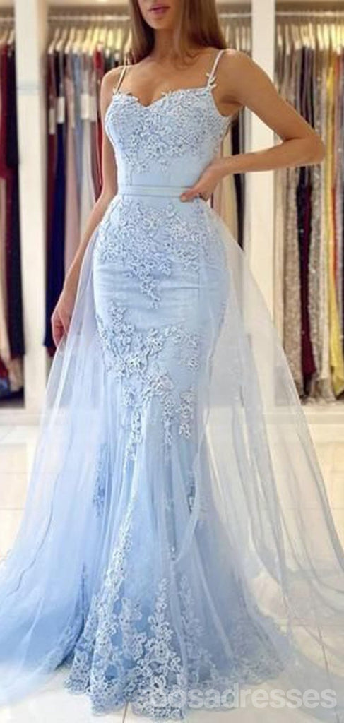 Blue Mermaid Spaghetti Straps Long Prom Dresses Online, Evening Dresses,12653