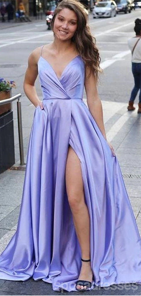Purple A-line Spaghetti Straps High Slit V-neck Cheap Long Prom Dresses,12889