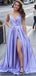 Purple A-line Spaghetti Straps High Slit V-neck Cheap Long Prom Dresses,12889