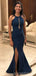 Navy Blue Mermaid Halter Side Slit Cheap Long Bridesmaid Dresses,WG1561