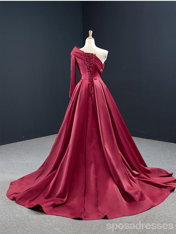 Burgundy Mermaid Long Sleeves One Shoulder High Slit Prom Dresses Online,Dance Dresses,12590