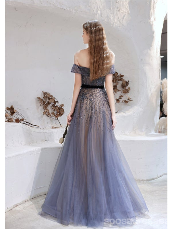 Elegant Blue A-line Off Shoulder Long Prom Dresses Online, Evening Party Dresses,12756