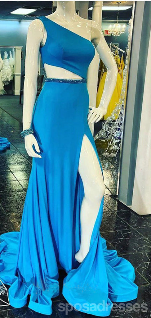Unique Blue Mermaid One Shoulder High Slit Long Prom Dresses,13059