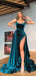 Blue Mermaid Spaghetti Straps Jewel High Slit Cheap Long Prom Dresses,12823