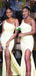 Yellow Mermaid One Shoulder Side Slit Cheap Long Bridesmaid Dresses,WG1237