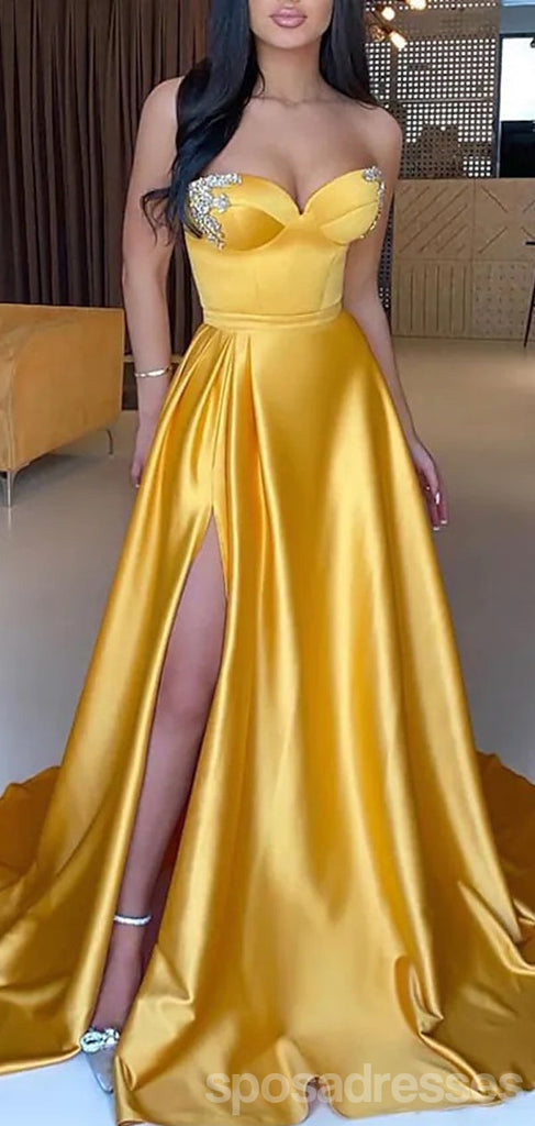 Yellow A-line High Slit Sweetheart Cheap Long Prom Dresses,13009