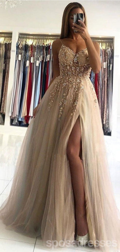 Champagne A-line Spaghetti Straps High Slit Cheap Long Prom Dresses Online,12875
