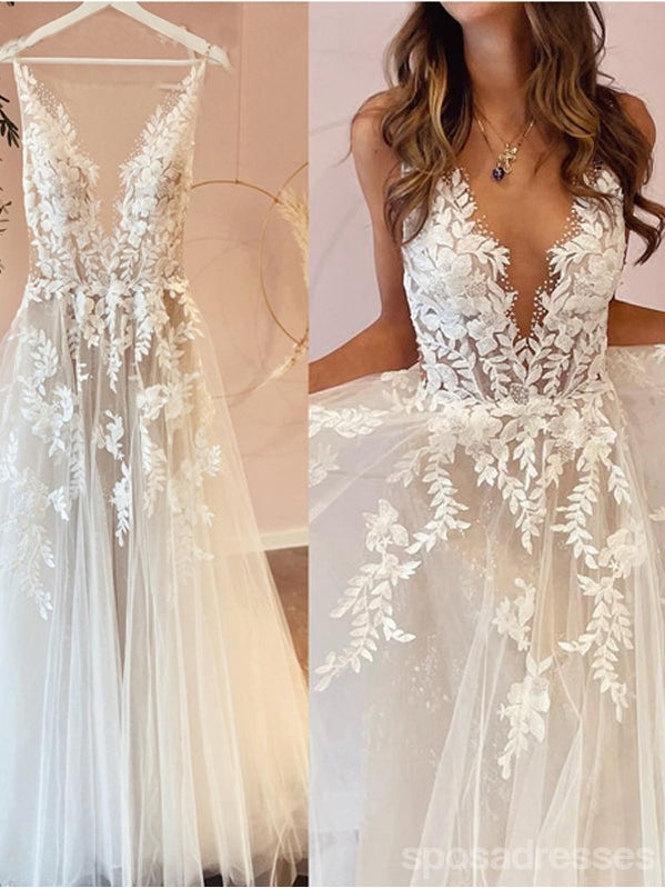 Off White A-line Spaghetti Straps V-neck Handmade Lace Wedding Dresses,WD793