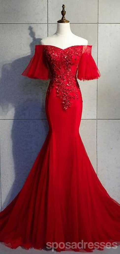 Red Mermaid Short Sleeves Cheap Long Prom Dresses,Evening Party Dresses,12941