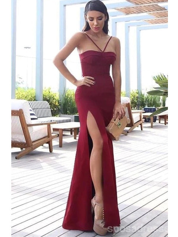 Sexy Red Mermaid Spaghetti Straps Side Slit Cheap Long Prom Dresses,12979