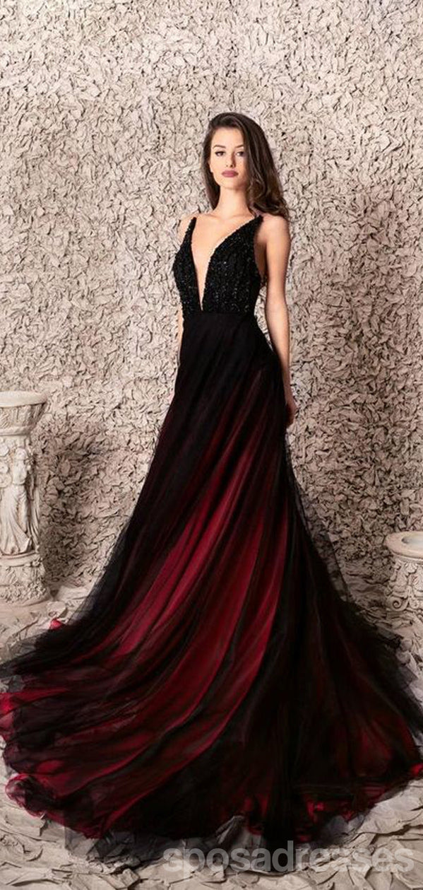Red Organza Plunge V A-Line Long Formal Dress with Beaded Sash – Modsele