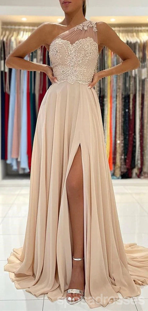 Champagne A-line One Shoulder High Slit Long Prom Dresses Online,12838