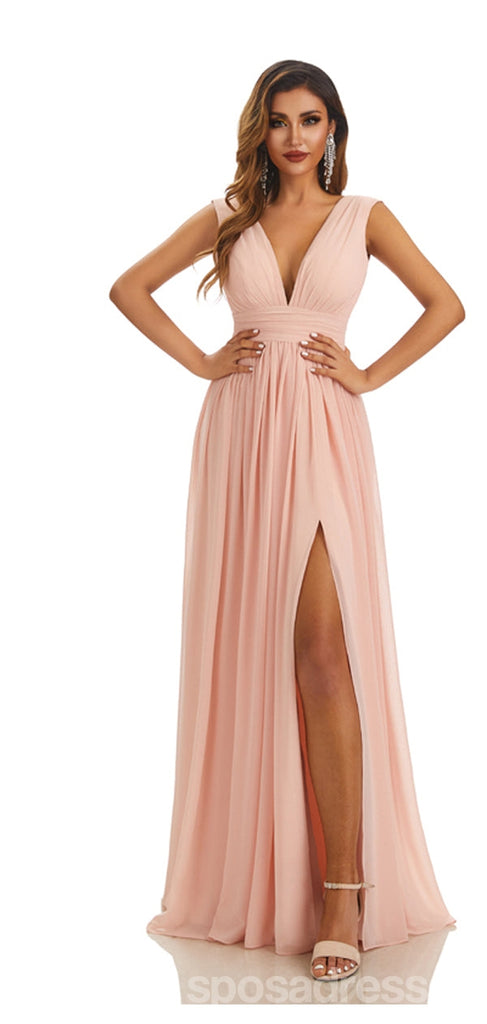 Simple Pink A-line High Slit Cheap Chiffon Long Bridesmaid Dresses,WG1606