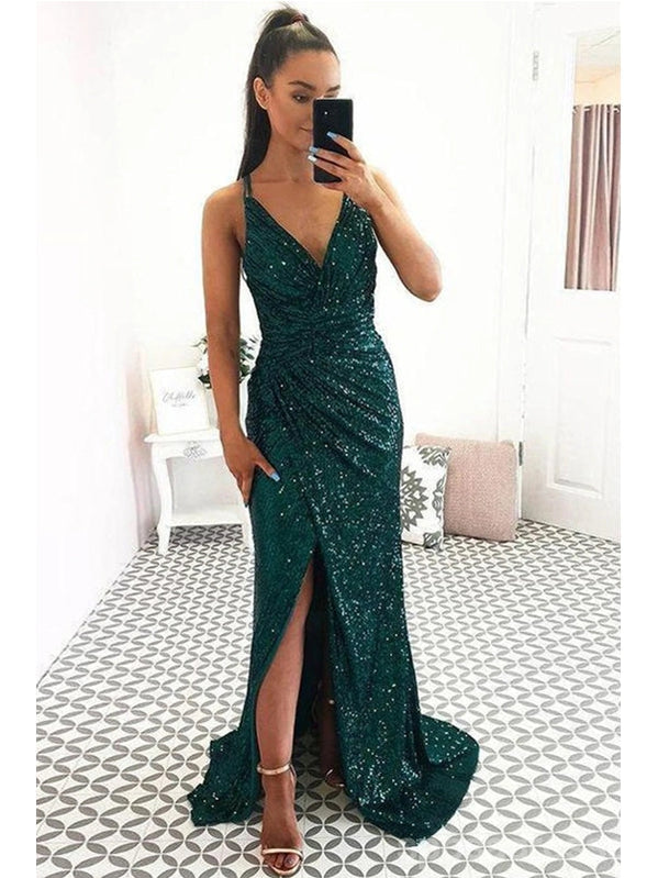 Emerald Green Mermaid Spaghetti Straps V-neck High Slit Long Prom Dresses,12822