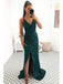 Emerald Green Mermaid Spaghetti Straps V-neck High Slit Long Prom Dresses,12822