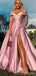 Pink A-line High Slit Off Shoulder Cheap Long Prom Dresses Online,Dance Dresses,12584
