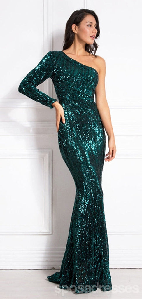 Green Mermaid Long Sleeves One Shoulder Cheap Prom Dresses Online,12967