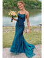 Teal Mermaid Spaghetti Straps Backless Cheap Long Prom Dresses,12849
