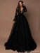Sexy Black A-line Long Sleeves V-neck Cheap Long Prom Dresses Online,12793
