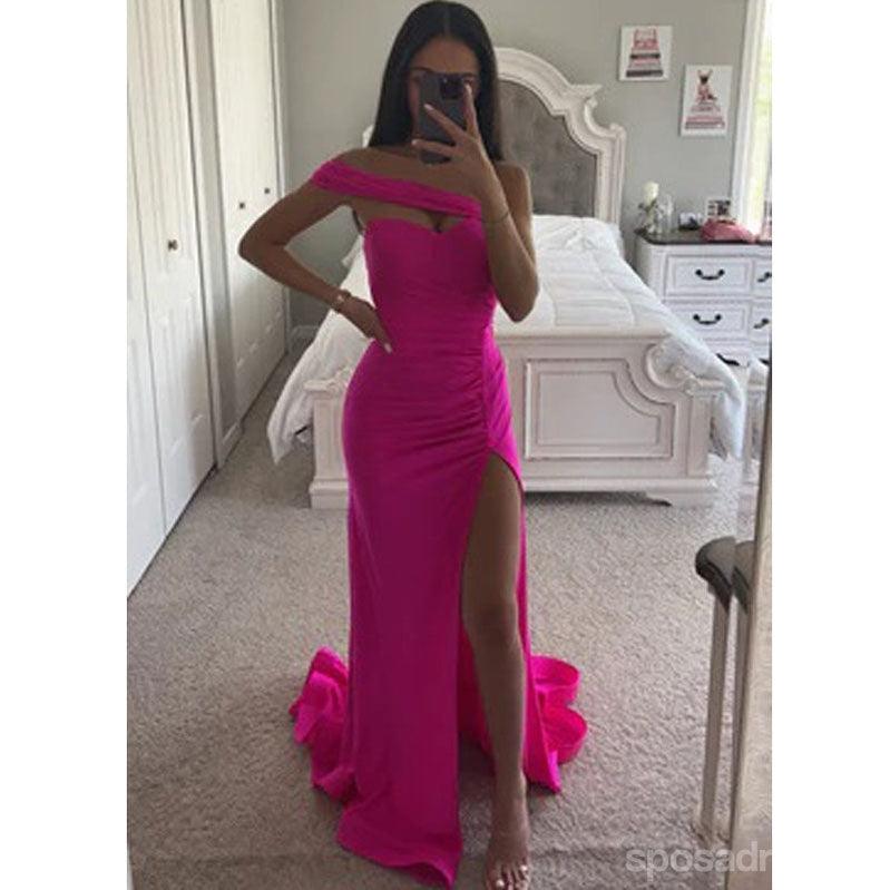 Simple Pink Mermaid One Shoulder Side Slit Cheap Long Bridesmaid Dresses,WG1556