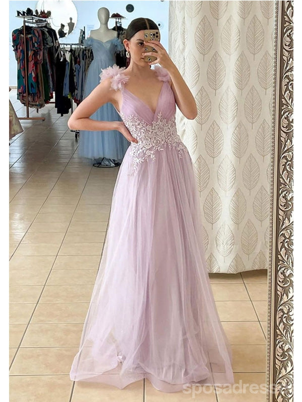 Cute Pink A-line V-neck Cheap Maxi Long Prom Dresses Online,13238