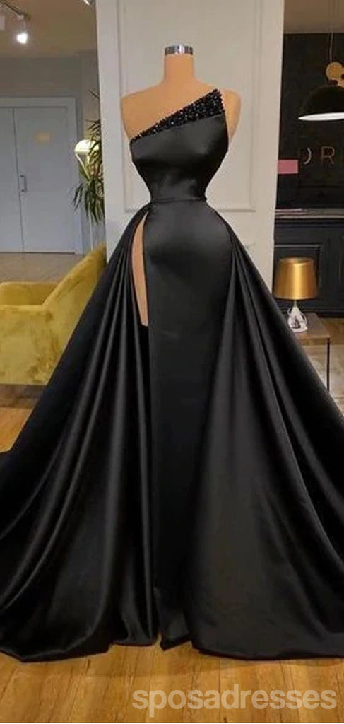 Black Mermaid One Shoulder High Slit Cheap Long Prom Dresses,12905