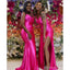 Hot Pink Mermaid Spaghetti Straps Side Slit Cheap Long Bridesmaid Dresses,WG1560