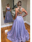 Shiny Purple A-line Two Pieces Backless Cheap Long Prom Dresses,12834