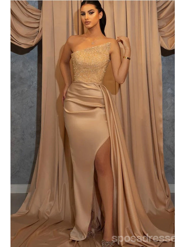 Sexy Champagne Mermaid Strapless Side Slit Cheap Long Prom Dresses,13043
