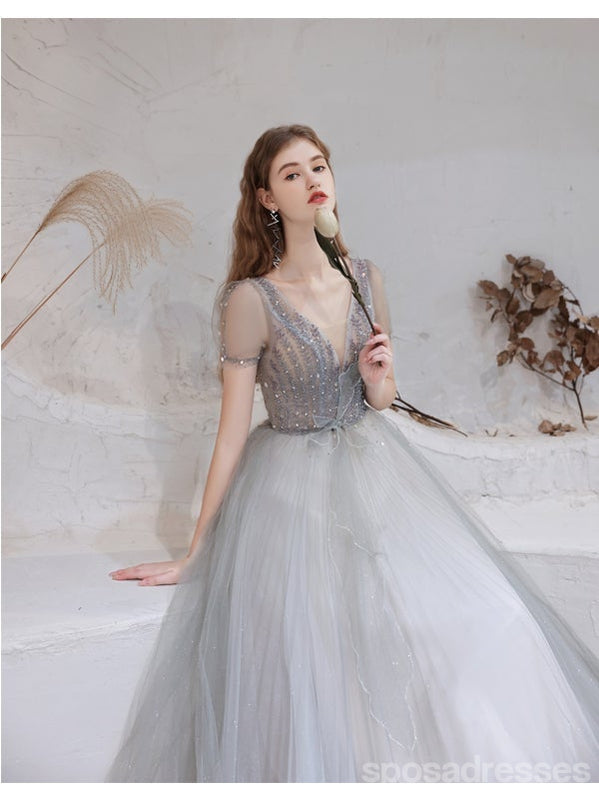 Short Sleeves A-line V-neck Long Prom Dresses Online,Evening Party Dresses,12762