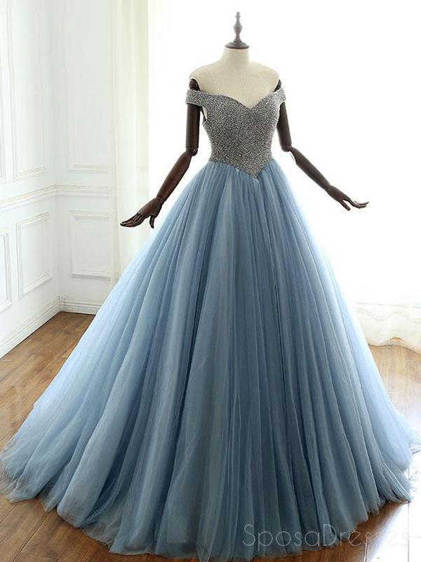 Off Shoulder Dusty Blue Beaded A-line Long Evening Prom Dresses, Cheap SposaDresses Off Shoulder Dusty Blue Beaded A-line Long Evening Prom Dresses, Cheap SposaDresses