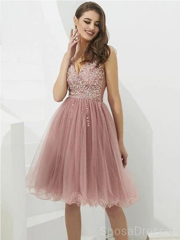 V Neck Dusty Pink Tulle Beaded Short Homecoming Dresses Online, Cheap SposaDresses V Neck Dusty Pink Tulle Beaded Short Homecoming Dresses Online, Cheap SposaDresses