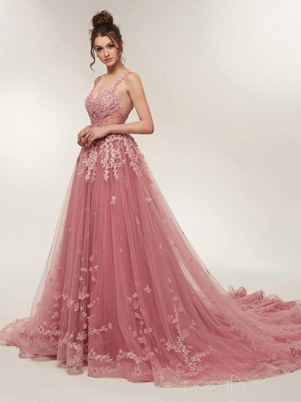 See Through Dusty Pink Lace A-line Long Evening Prom Dresses, Cheap Sw SposaDresses See Through Dusty Pink Lace A-line Long Evening Prom Dresses, Cheap Sw SposaDresses