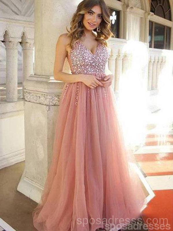 Dusty Pink V Neck Beaded Long Evening Prom Dresses, Cheap Custom Sweet SposaDresses Dusty Pink V Neck Beaded Long Evening Prom Dresses, Cheap Custom Sweet SposaDresses