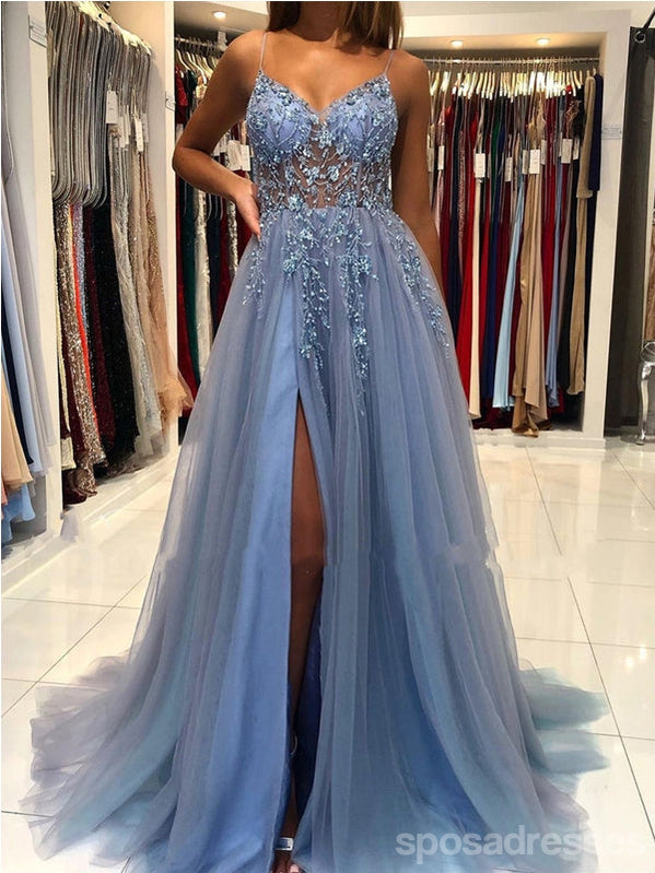 See Through Dusty Blue A-line Spaghetti Straps High Slit Long Prom Dre SposaDresses See Through Dusty Blue A-line Spaghetti Straps High Slit Long Prom Dre SposaDresses