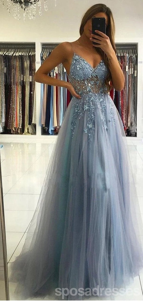 Dusty Blue A-line Spaghetti Straps V-neck See Through Long Prom Dresses Online,12667