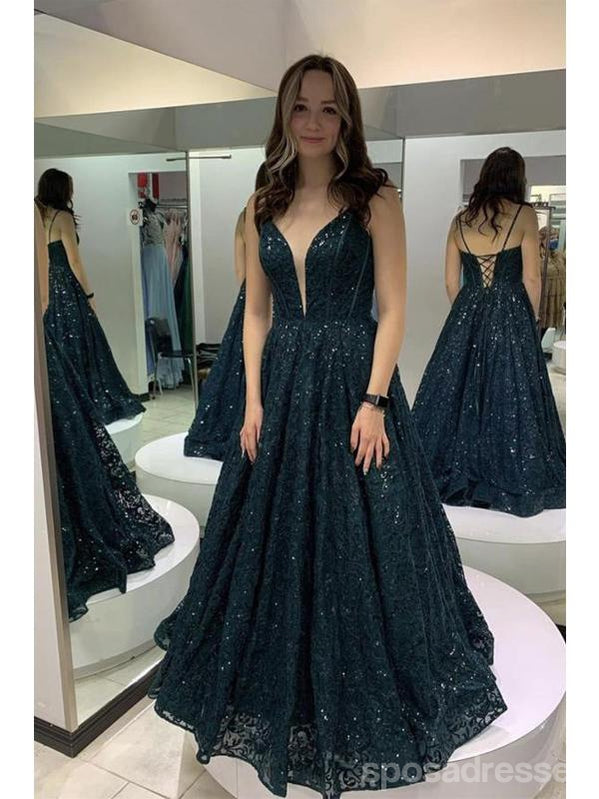 Sparkly Dusty Blue A-line V-neck Long Prom Dresses Online,Evening Party Dresses,12749